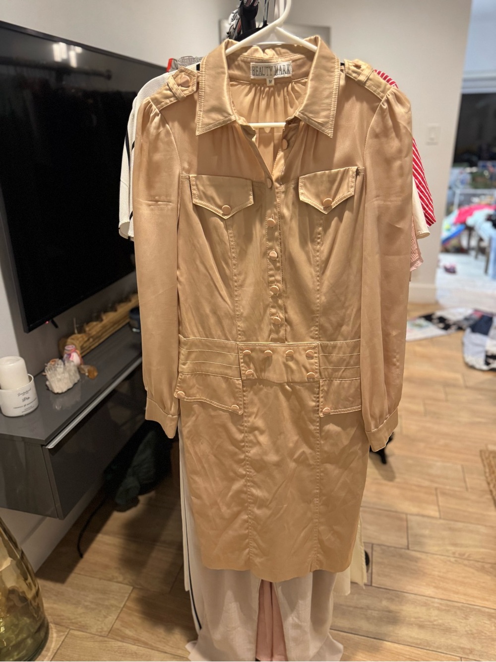 Beauty Mark Satin-Look Shirt Dress in Neutral Beige